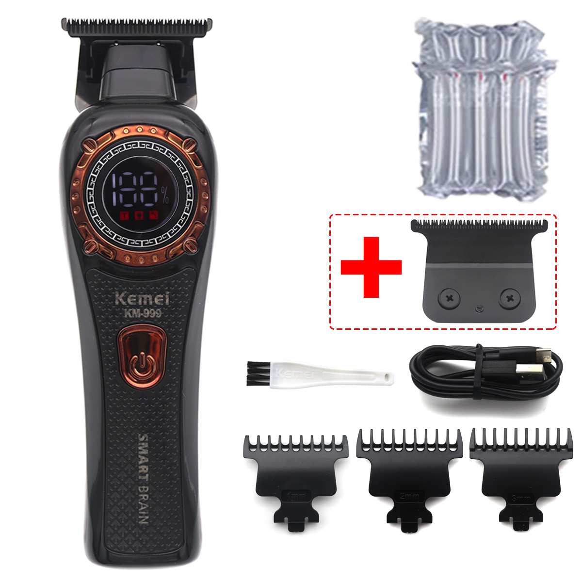 Kemei KM-999 Hair Trimmer for Men DLC T-Blade Zero Gapped LED Display Cordless USB Hair Clipper Finishing Machine: Red