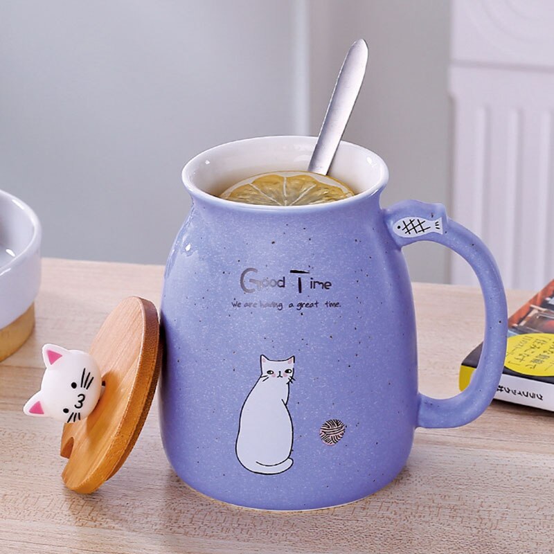 BAISPO-taza de gato con tapa, Taza de cerámica portátil, taza para café o leche, de oficina para niños, taza creativa con cuchara y tapa ecológica