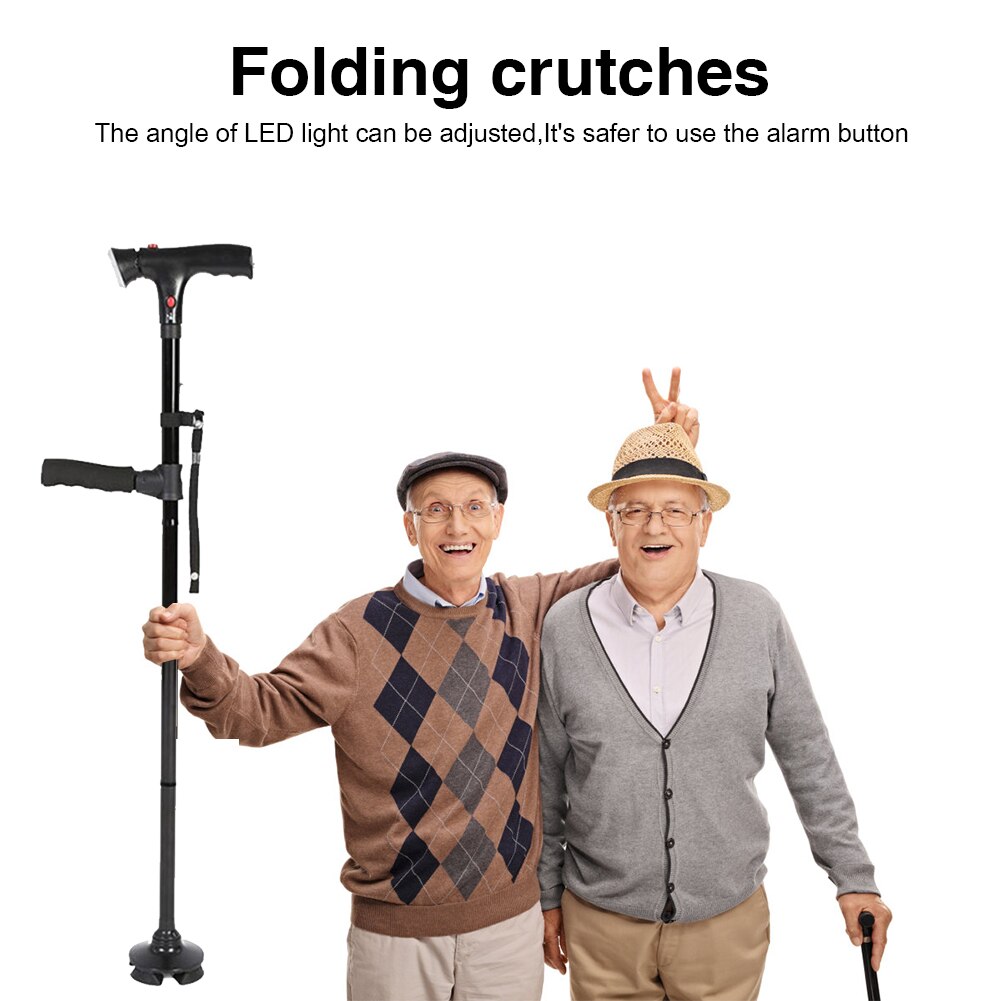LED Light Walking Stick Cane for Elderly People Folding Crutches with Alarm Old Man Ultralight Folding Protector Trail Hiking