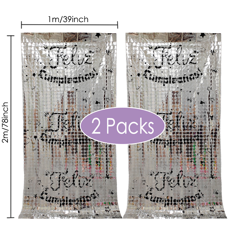 2 Packs Spanish Happy Birthday Foil Curtains Birthday Party Backdrop Decorations Feliz Cumpleanos Birthday Decor Background: WHITE