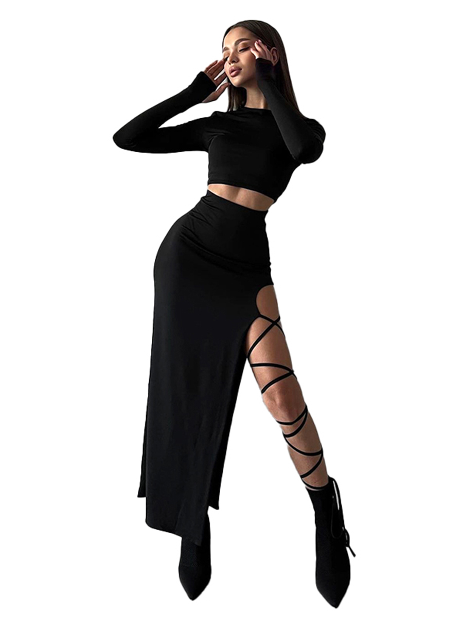 CUTENOVA – pull à manches longues, haut court Simple, taille élastique, col licou, fente haute, sans jambes, cravate Sexy, couleur unie, demi-jupe: M / Black