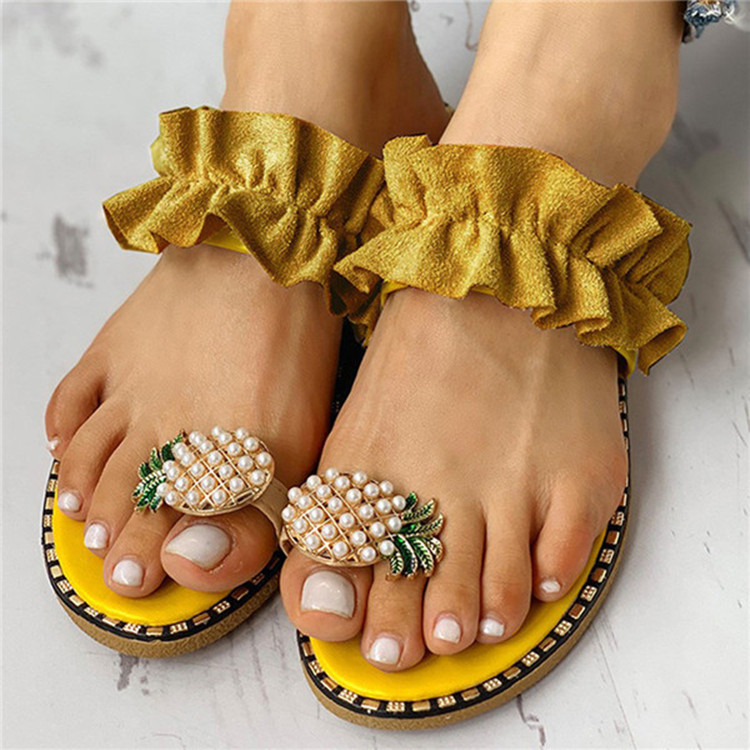 Sommar kvinnor sandaler tofflor skor platt flip flops snöre pärla kilar kvinna glider ananas casual mujer