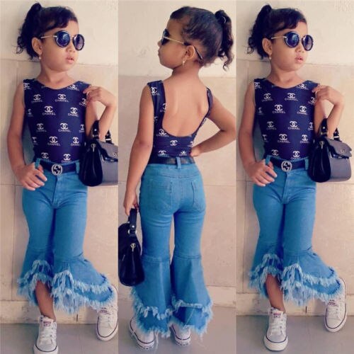 Kids Baby Girl Flare Wide Leg Pants Bell Bottoms Denim Trousers
