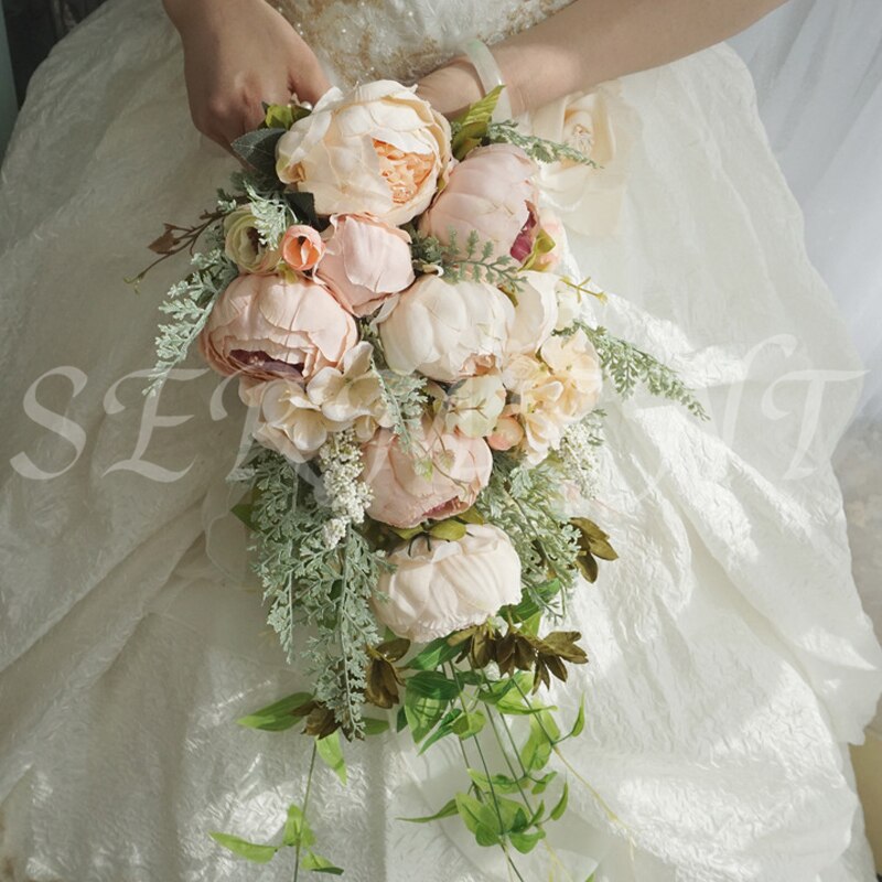 Ramo de flores para boda con caída de peonía para novias, 18,89 pulgadas de alto, 9,84 pulgadas de ancho, 0,38 kg de peso,