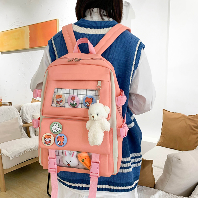 Zaino semplice Set da 4 pezzi zaino per scuola superiore borse per ragazza adolescente 2021 borse da viaggio in tela da donna zaino per studenti adolescenti: pink-backpack