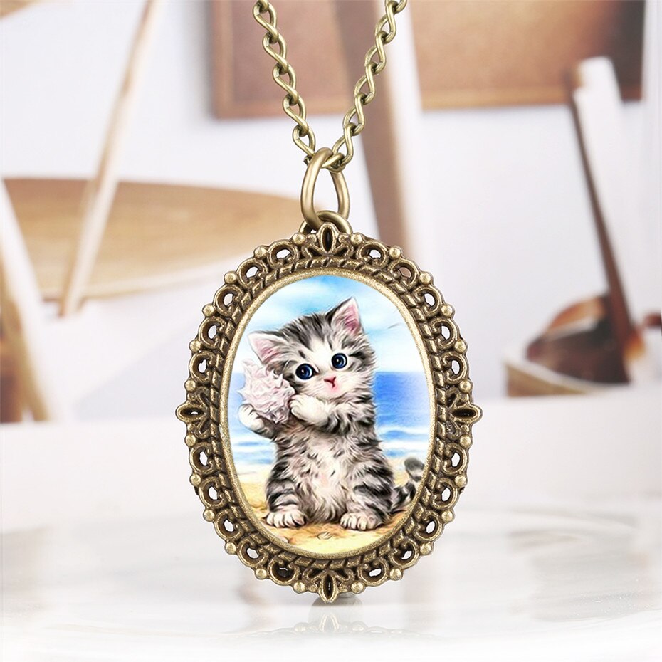 Sød kat display kvarts lommeur bronze oval form vedhæng ur udsøgt halskæde ur til kvinder pige reloj: Bronze 3