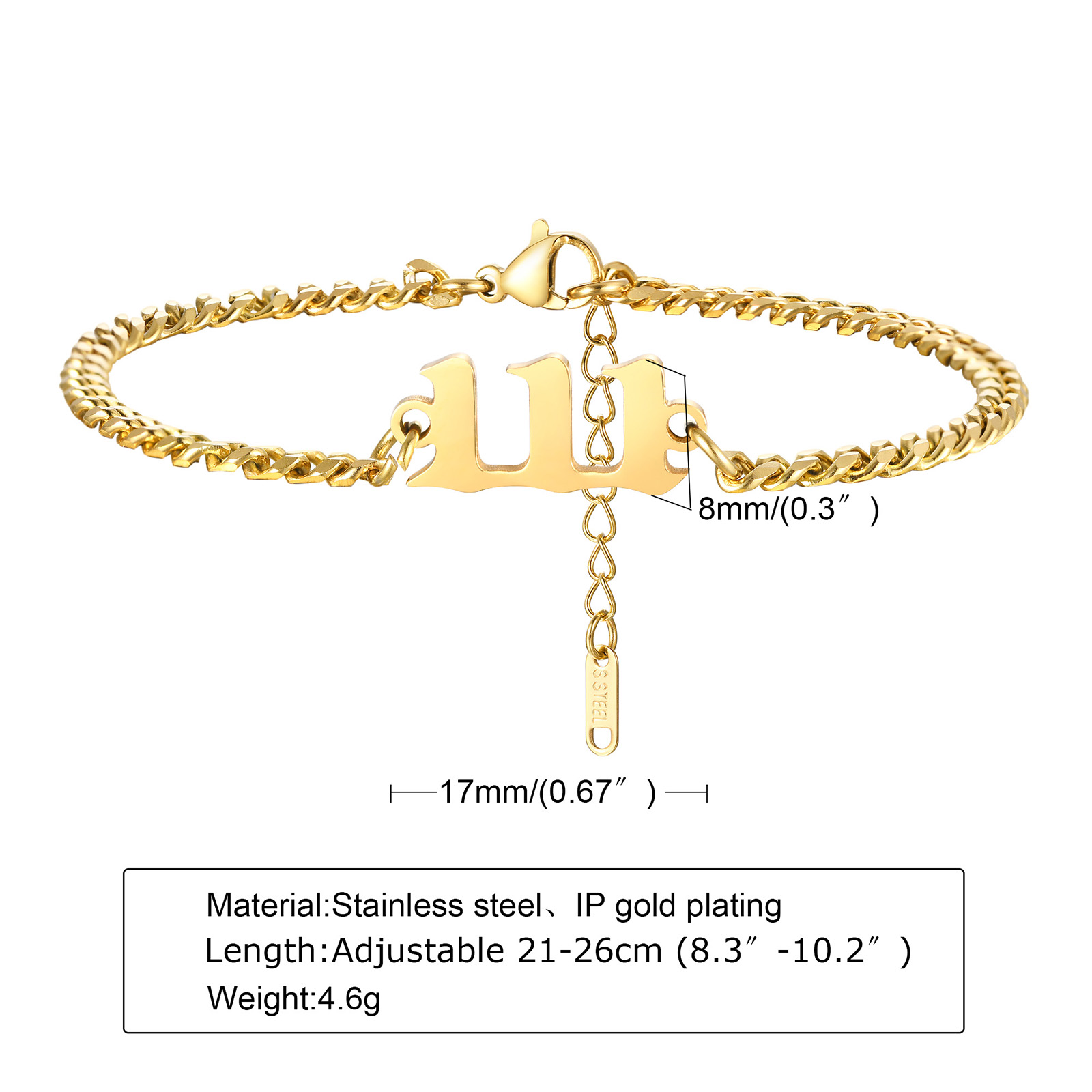 Angel Numbers, Angel Number Bracelet, Stainless Steel Angel Number Anklets, Angel Number: Bracelet 111