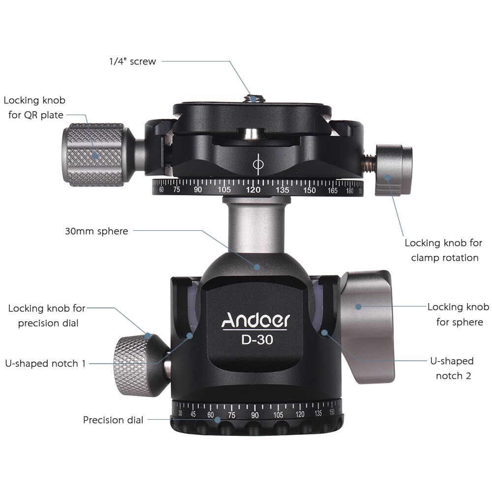Andoer D-30 Doppio Panoramica Testa di Lavorazione CNC In Lega di Alluminio Testa A Sfera Doppio U Tacca Basso Centro di Gravità per Treppiede monopiede
