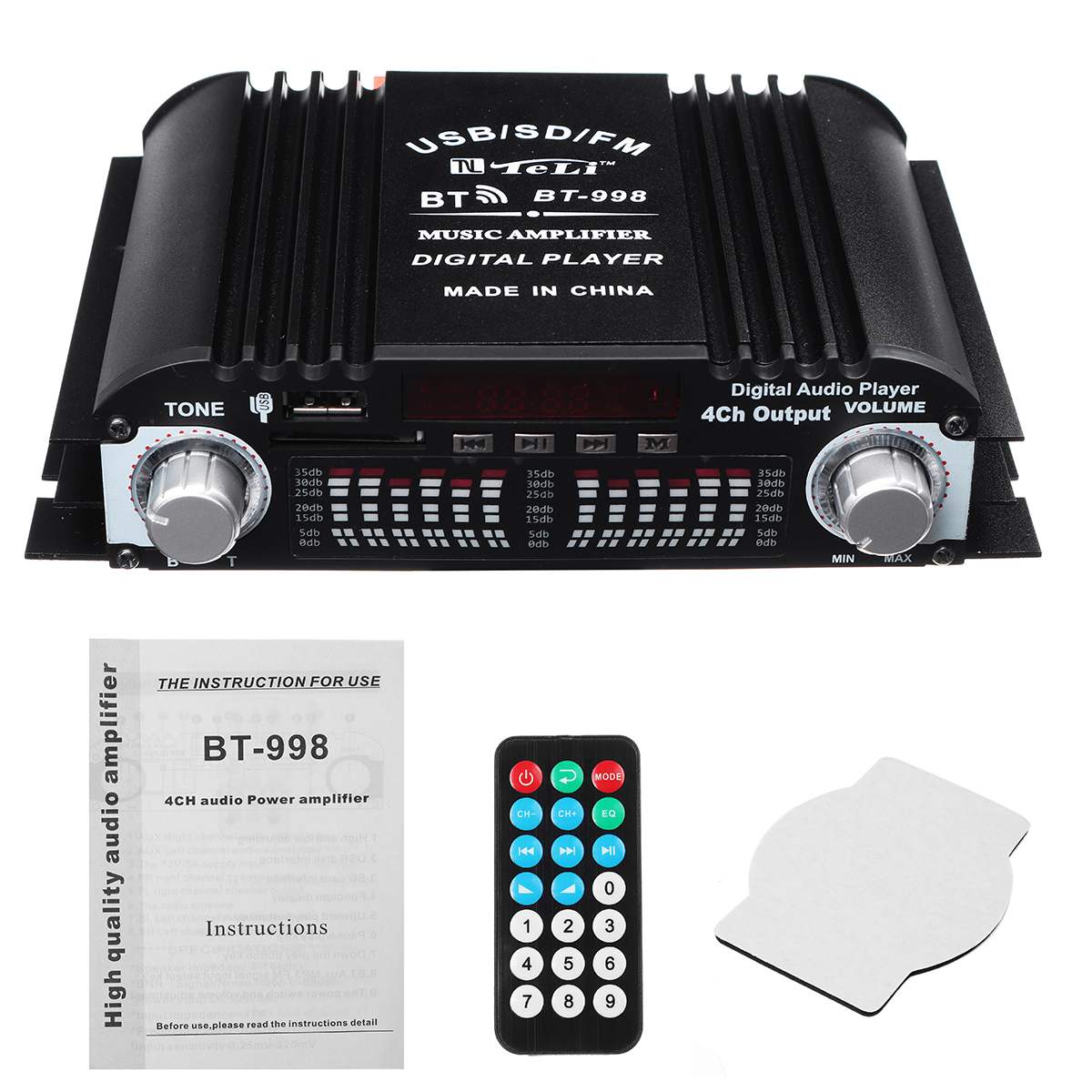 BT-998 Hifi Audio Home Digital Amplifiers Car Audio Bass Power bluetooth Amplifier FM USB SD Radio Subwoofer Speakers 12V/220V: Amplifier no Adapter