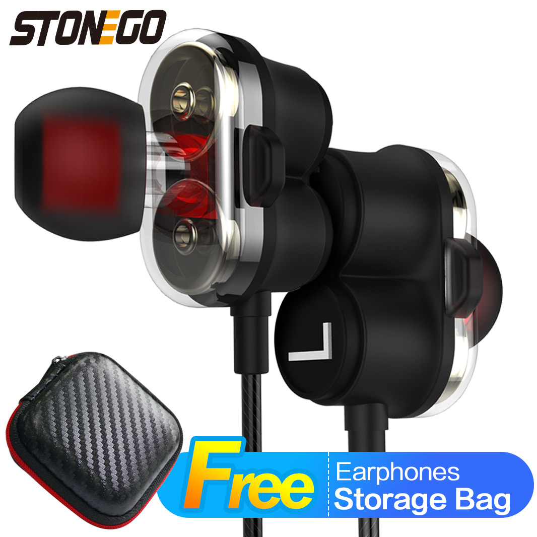 STONEGO podwójny sterownik słuchawki douszne słuchawki sportowe dynamiczne słuchawki mikrofon głośnomówiący dodatkowy bas radiowy 3.5mm Jack