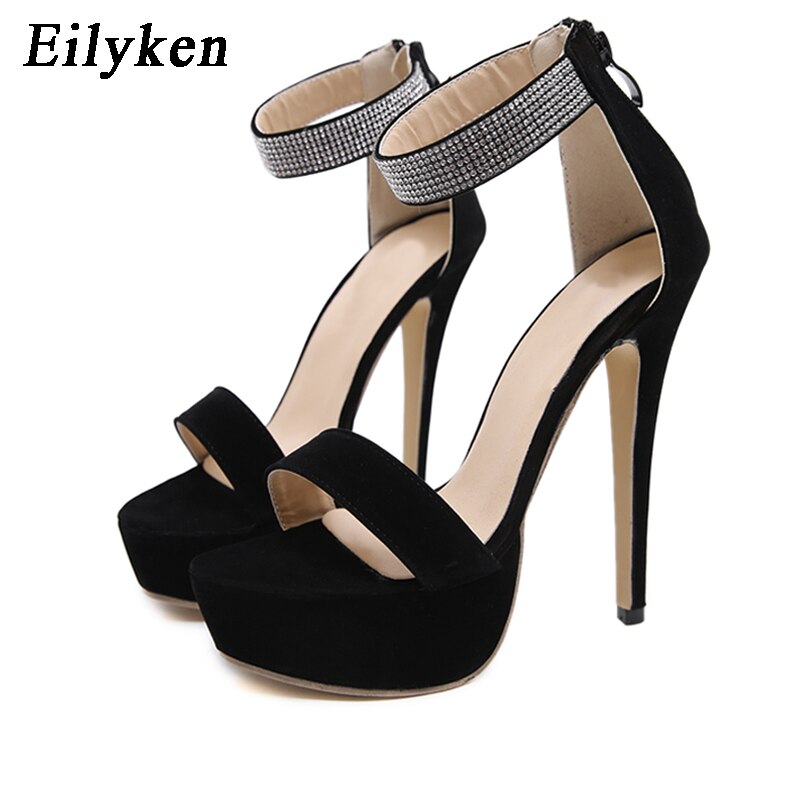 Eilyken, Sandalias con tacón de plataforma con cremallera, Zapatos de tacón alto de verano para Mujer, toboganes con punta abierta de cristal, Zapatos negros, Zapatos de Mujer con agujeros