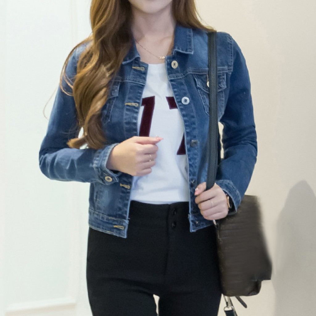 Short Denim Autumn Winter Jackets Women White Wash Long Sleeve Vintage Casual Jean Jacket Bomber Denim Coat Tattered#3