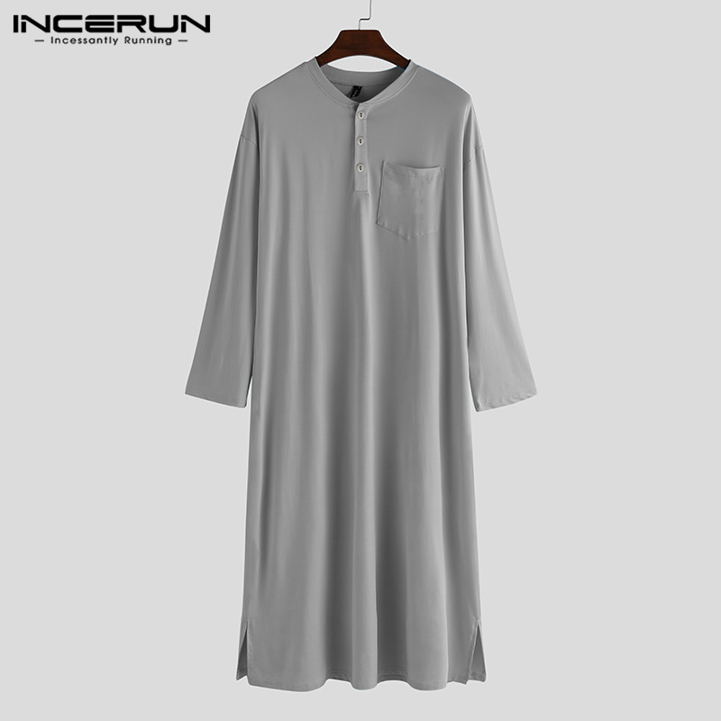 Incerun menn robes langermet pyjamas ensfarget fritid komfortabelt hjemmetøy o hals badekåper herre kaftan nattøy robes: Grå / M