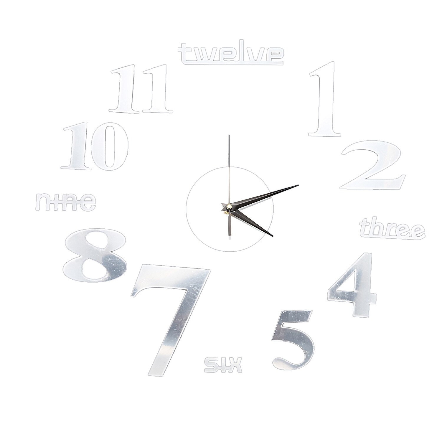 Reloj de pared grande 3D pegatina de espejo Etiqueta de reloj grande decoración del hogar único DIY: Silver