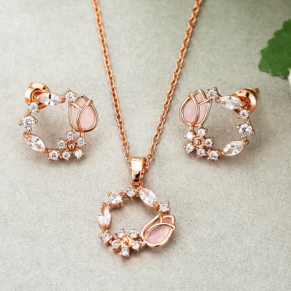 Trends pink tulipan øreringe rosa guld halskæde øreringe smykke sæt tidløse klassiske søde zirkon brude bryllup smykker: Øreringe halskæde