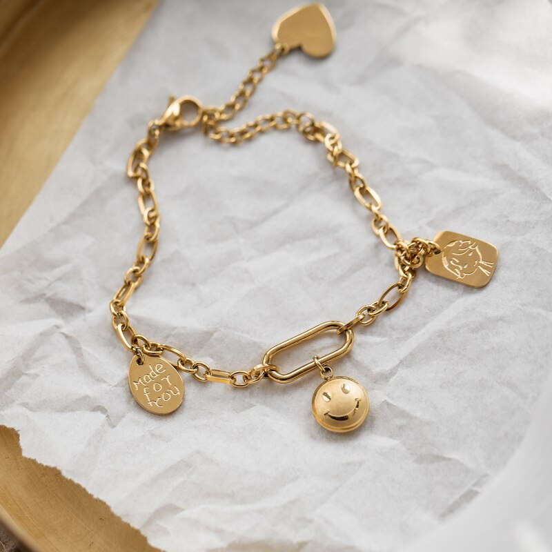 YUN RUO Persönlichkeit 18 K Gold Überzogene Lächelndes Gesicht Armband Frau Zubehör Titainum Stahl Schmuck Nie Verblassen: gold