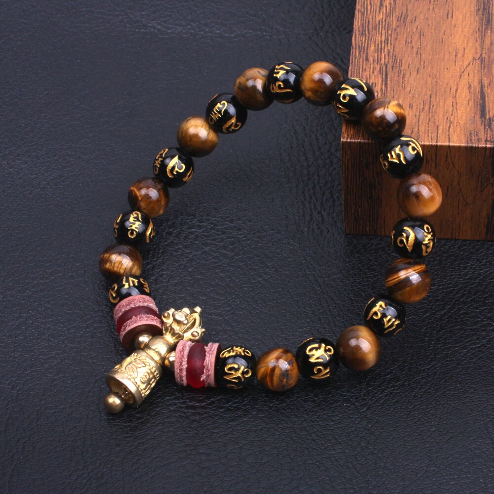 Tiger ogen met om mani padme hum kralen strand armband voor mannen & vrouwen Tibetaanse Boeddhistische Ghanta sieraden Lucky mala armband