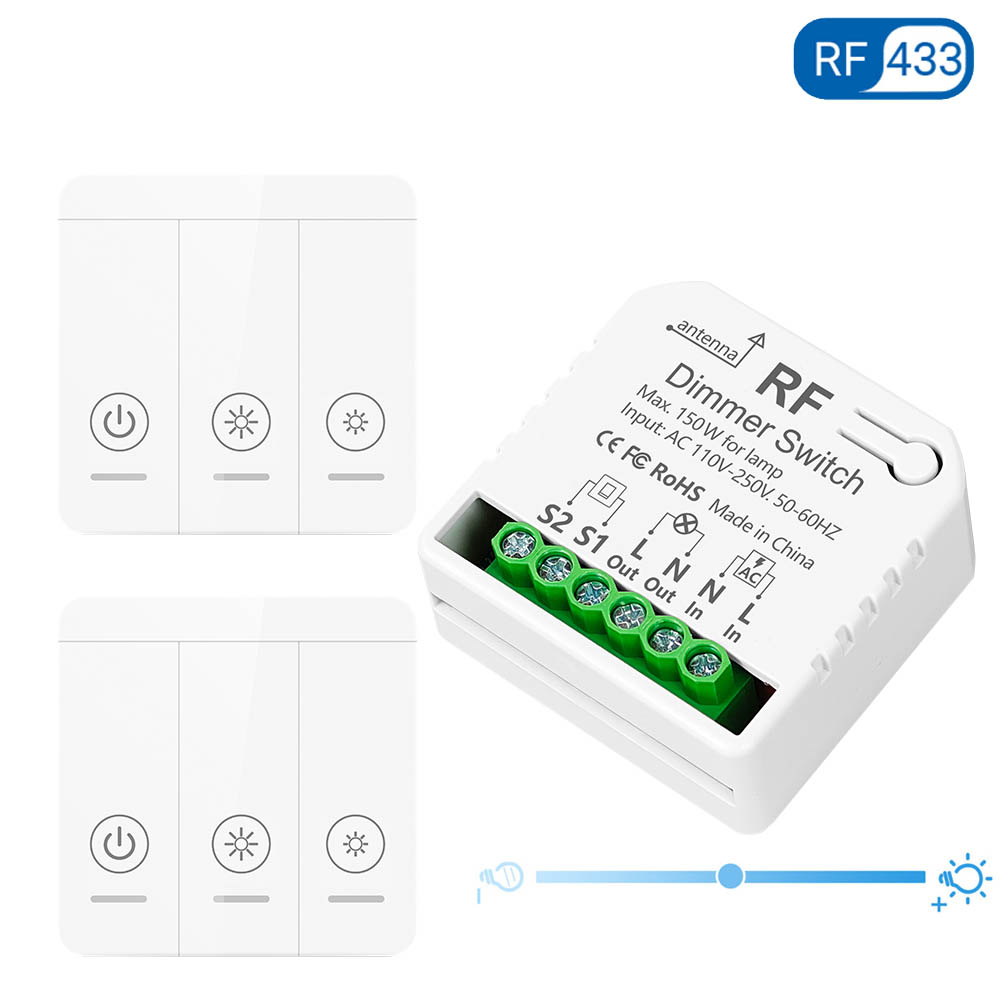 Tedeligo RF 433mhz LED Dimmer Switch 110V 220V 150W Light Brightness Adjustable Module Support 2 Way Wired and Wireless Control: black