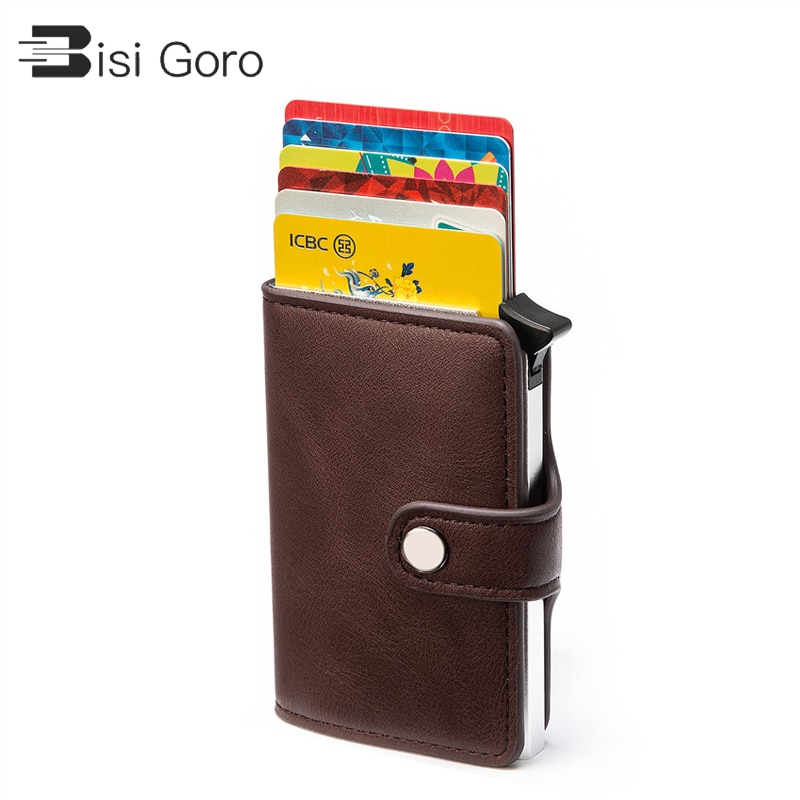 BISI GORO Hasp PU Leather Casual Card Holder Protector Smart Wallet Metal RFID Aluminum Box Slim Men Women Card Case