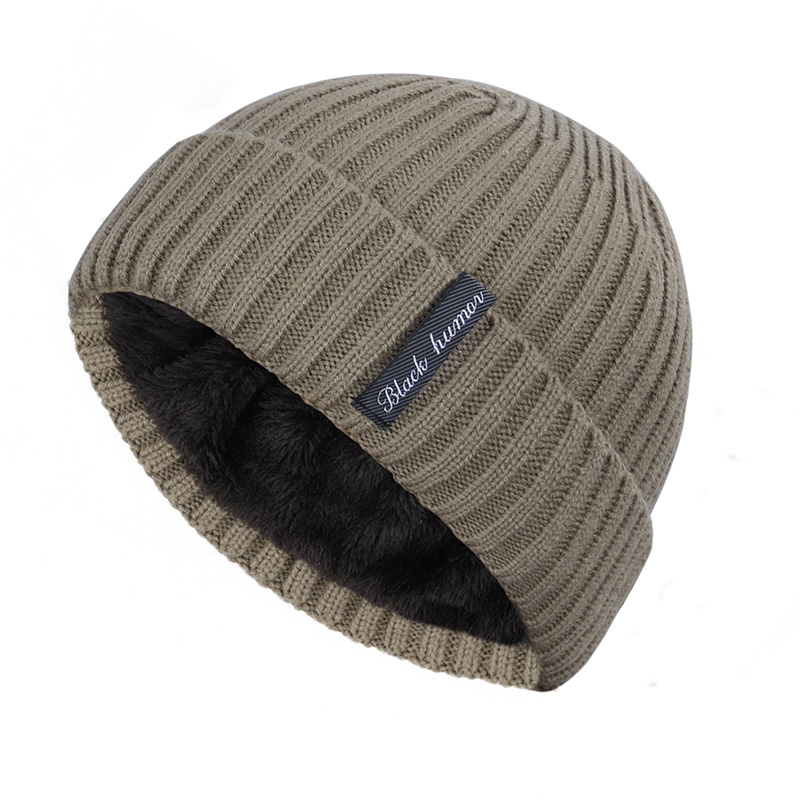 Gorro de invierno para hombre , gorro de punto grueso de terciopelo con etiqueta de letras para invierno para hombre y mujer, gorro grueso para exteriores, grueso, informal para hombre: Khaki