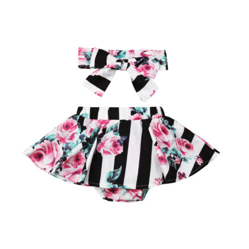 Girl Skirts 2PCS Toddler Infant Baby Girls Floral Print Stripe Tutu Shorts Headband Outfits Set