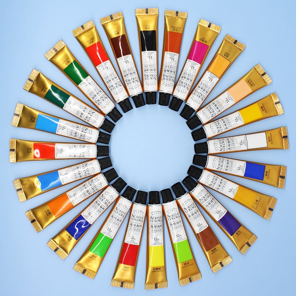 Acrylic Paints 12/18/24 Colors Brush Set 12ml Tubes Artist Drawing Painting Pigment Hand Painted Wall Paint DIY