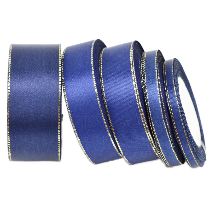 (25 yards/lot) Deep Blue Gold Edge Satin Ribbon packaging ribbons