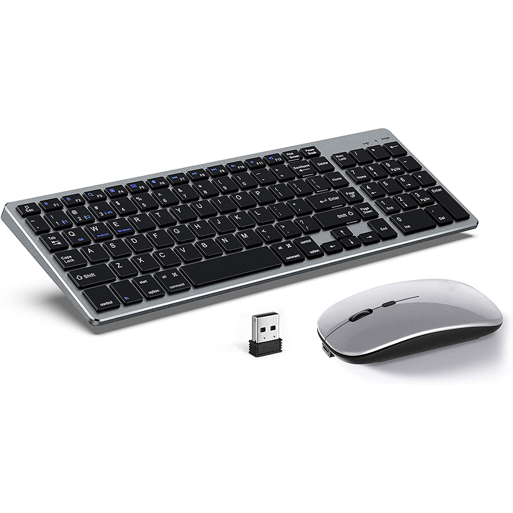 Zienstar – ensemble clavier et souris sans fil Rechargeable, en Silicone, Ultra-mince, version anglaise, double , Bluetooth + 2.4G: Grey Black