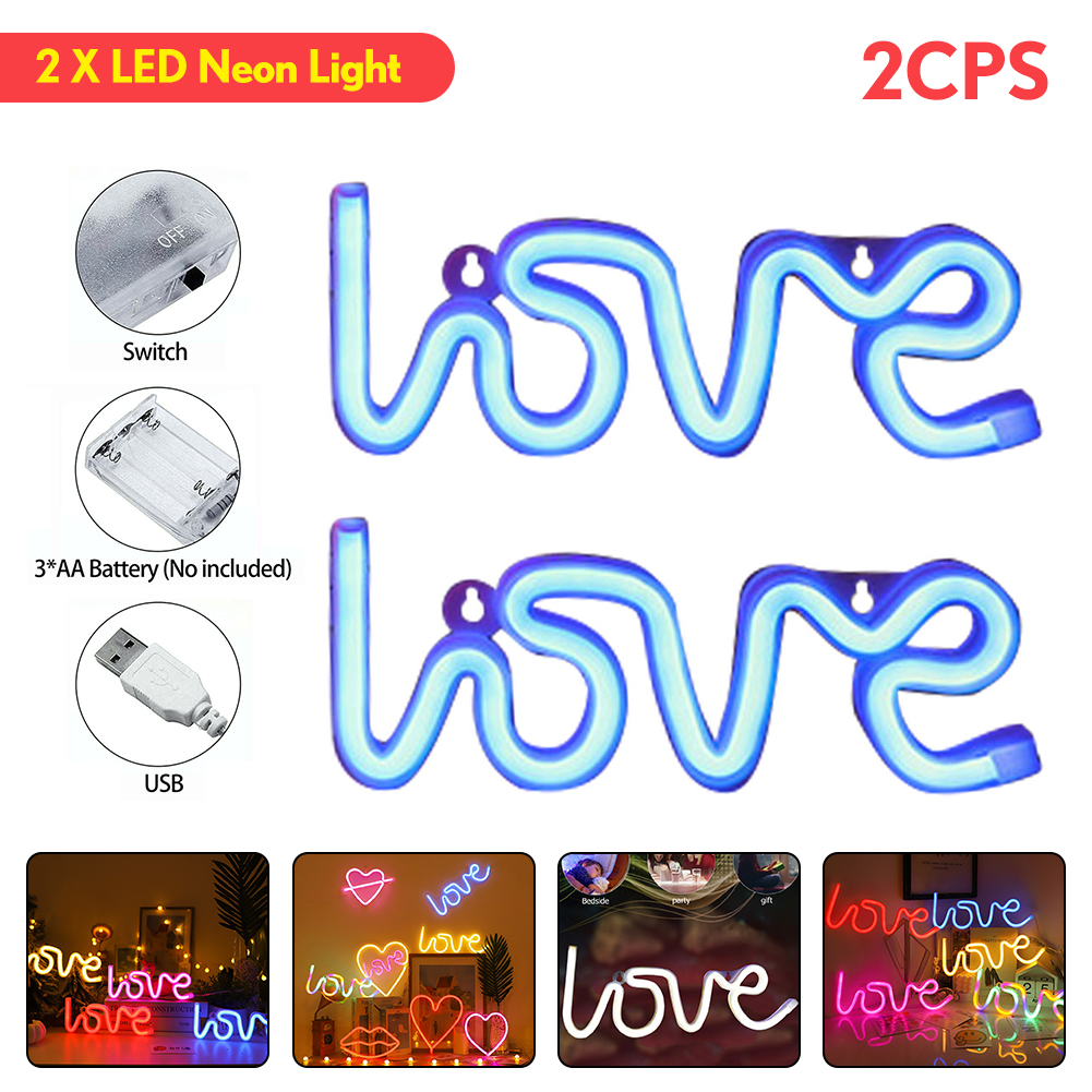 Romantic LOVE Letters LED Night Light USB Charging Home Decor Neon Lamp USB Charging battery box lamp Home led night lamp: 2PC Blue