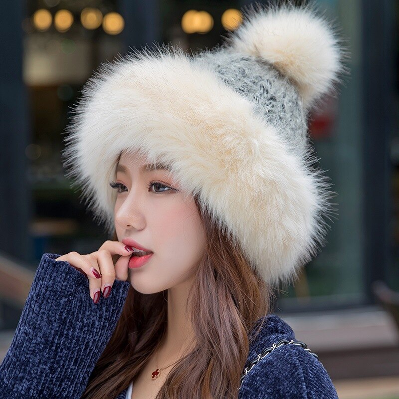 Stylish Women Fluffy Hat Knitted Beanies Winter Ski Hats Weaving Mongolia Cap for Outdoor ENA88: Balck beige
