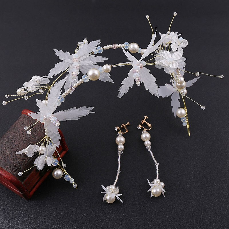 GETNOIVAS Wedding Dress Headband Venetian Pearl Cloth Art Butterfly Headdress White Fairy Headpeice Earrings Set Jewelry Set SL