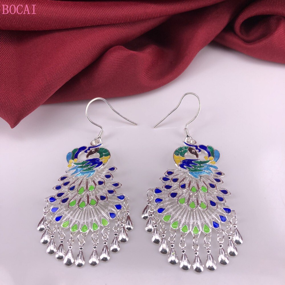S990 reinem silber Cloisonné pfau Phönix ohr tropfen ohrbüGel reine Hand gebürstet nationalen ohrringe für frauen