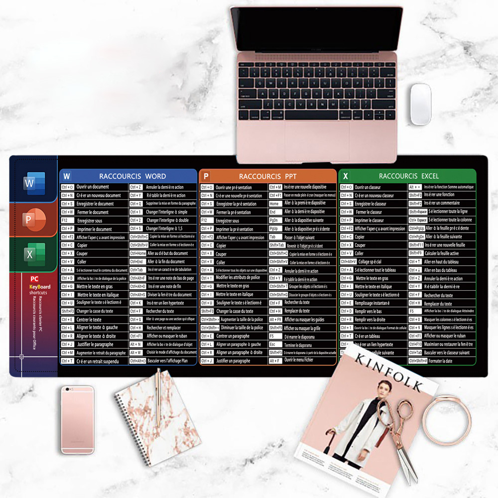 French Excel Shortcuts Mouse Pad Large Extended Office Computer Desk Mat Big Keyboard Mousepad With Stitched Edge Non-Slip Base: XS / WHITE