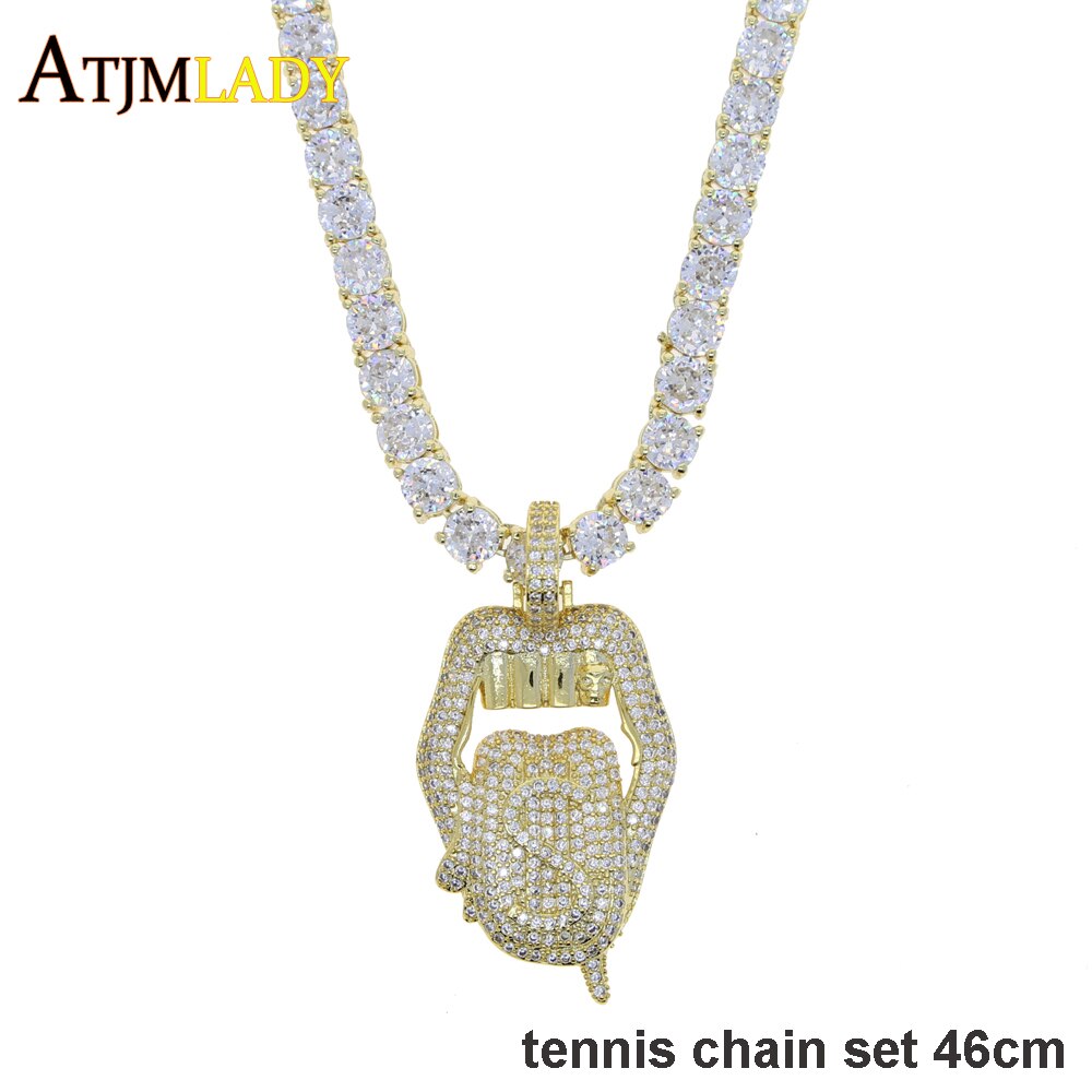 Iced out white pink mouth pendant Dollar symbol engraved hiphop bling cz pave tennis chain dripping Lip men boy necklace jewelry: gold set 46cm