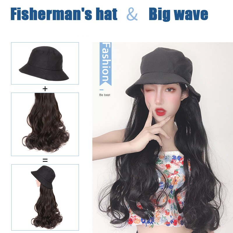 Perruque synthétique longue avec cheveux ondulés/lisses et chapeau bob noir avec extension capillaire