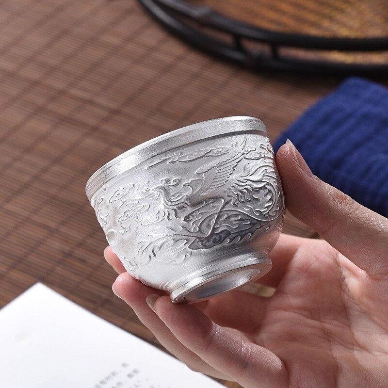 999 Gilt Silver Embossed Dragon and Phoenix Teacup... – Grandado