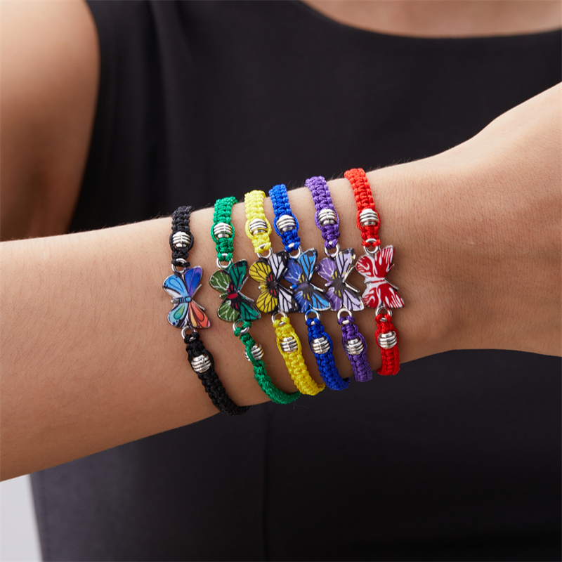 Pulsera de cuerda trenzada hecha a mano para mujer, pulseras con colgante de animales y mariposas coloridas, de joyería para