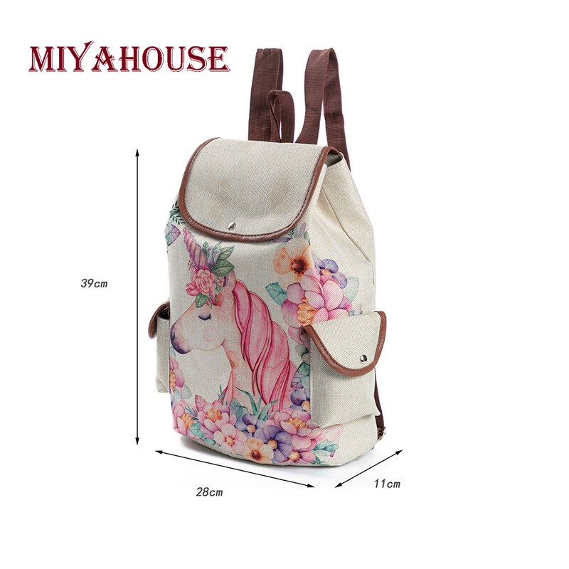 Miyahouse Casual Floral Cartoon Horse Printed Backpack Female Linen Drawstring School Bag For Teenage Girls Travel Rucksack