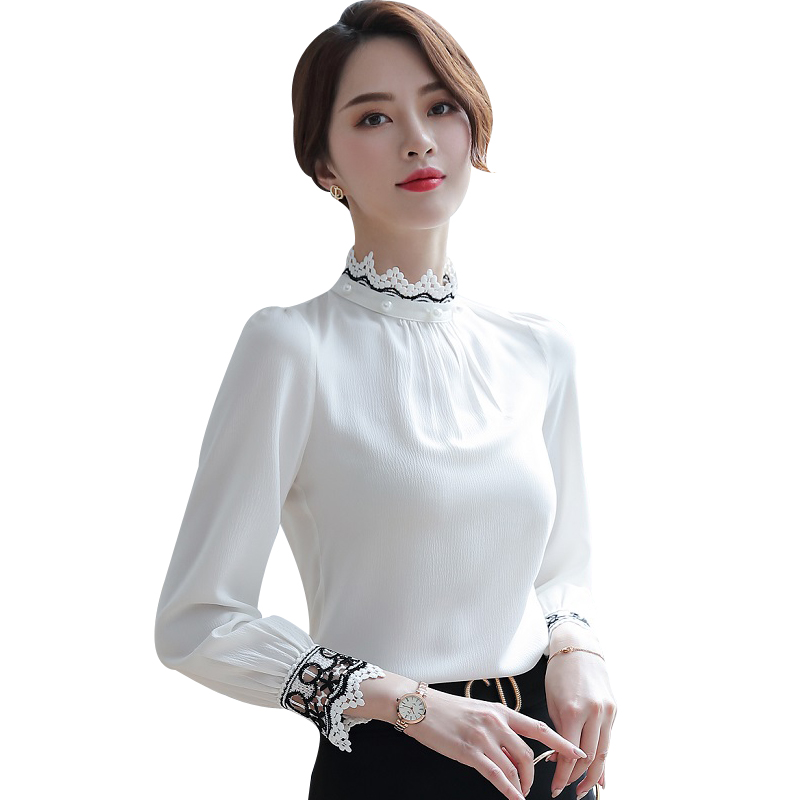 Women shirt Slim autumn Long sleeve Standing collar splice OL Formal Blouses & Shirts Woman 6515