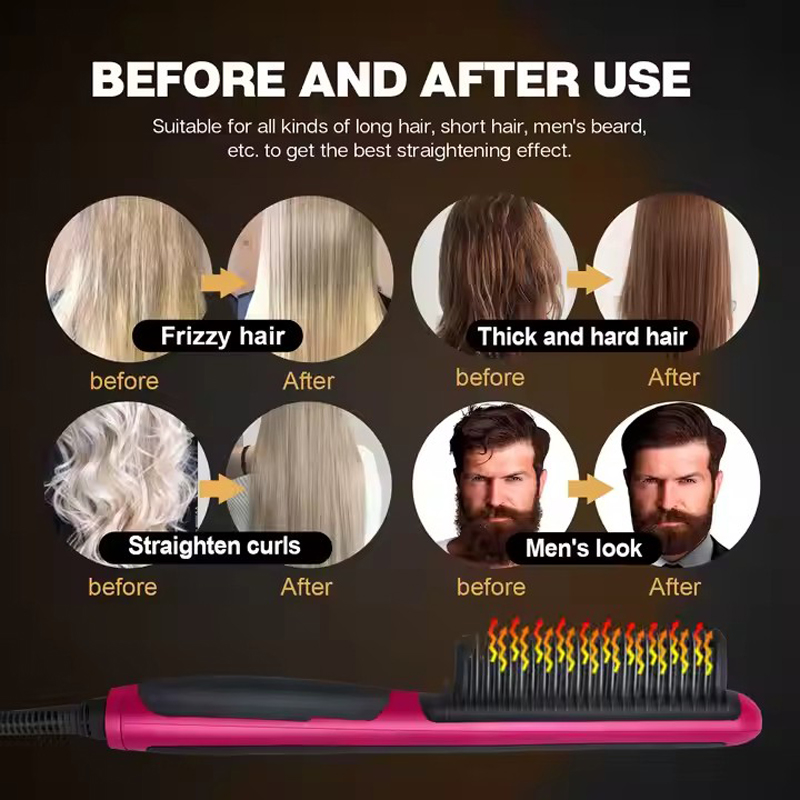 Alisador de pelo y barba iónico, peine de cerámica, cepillo eléctrico para alisar y rizar el cabello, herramienta de peinado antiquemaduras de iones negativos