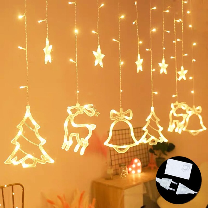 Cortina de luces LED con forma de ciervo, Estrella y Luna, guirnalda de luces de colores para Navidad, decoración de Año , para exteriores, hogar, boda, , 220V