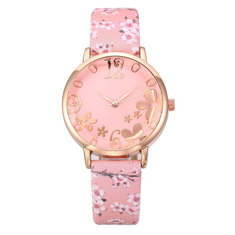 Vrouwen Mode Reliëf Bloemen Kleine Verse Gedrukt Riem Student Quartz Horloge Montre Femme Reloj Mujer