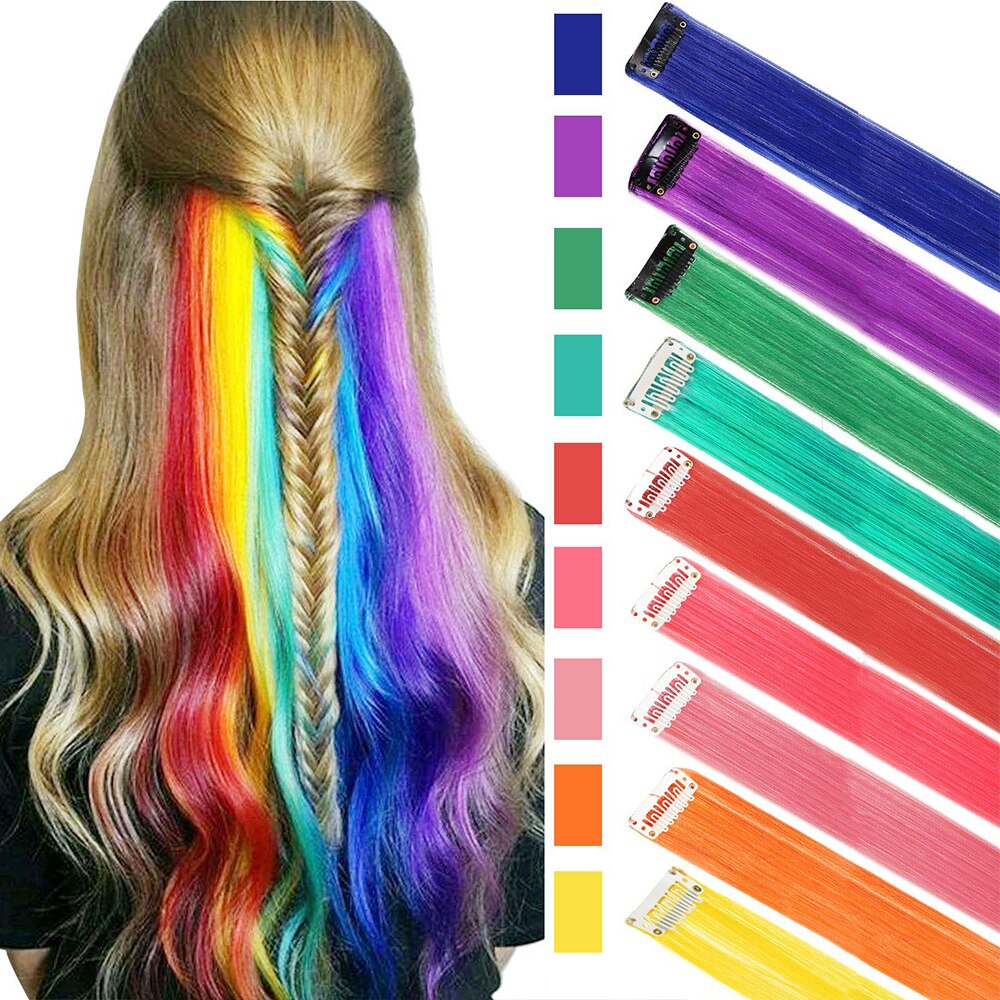 LM Long Straight Rainbow HairPiece Hair Extensions Clip In Hair Streak Pink Synthetic Hair Piece Strands on Clips