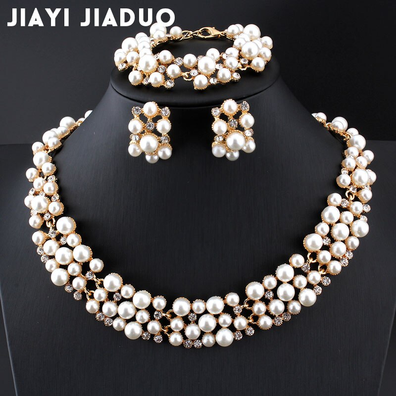 jiayijiaduo Wedding dress jewelry set Imitation pearl Necklace earrings Bracelet set For women Gold color party Christmas