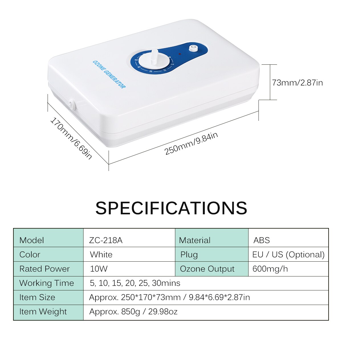 Ozone Generator 600mg/h Ozonator Household Cleaning Machine Air Cleaner Air Purifiers for Vegetable Meat Air Water AC 220V