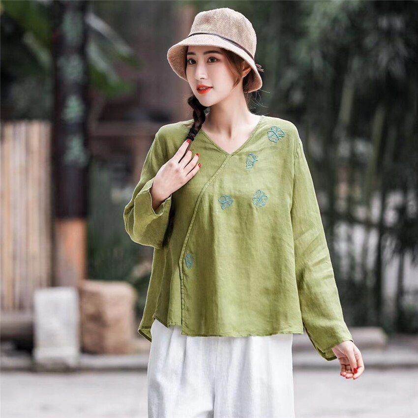 Tops de estilo chino tradicional para mujer, ropa de talla única de lino de Color sólido, camiseta de manga larga con escote en V fino estampado, novedad de
