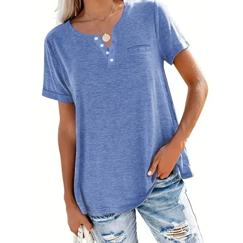 T-shirt décontracté à manches courtes et col en V pour femmes avec poches, grande taille, 1XL-8XL, printemps et été, style