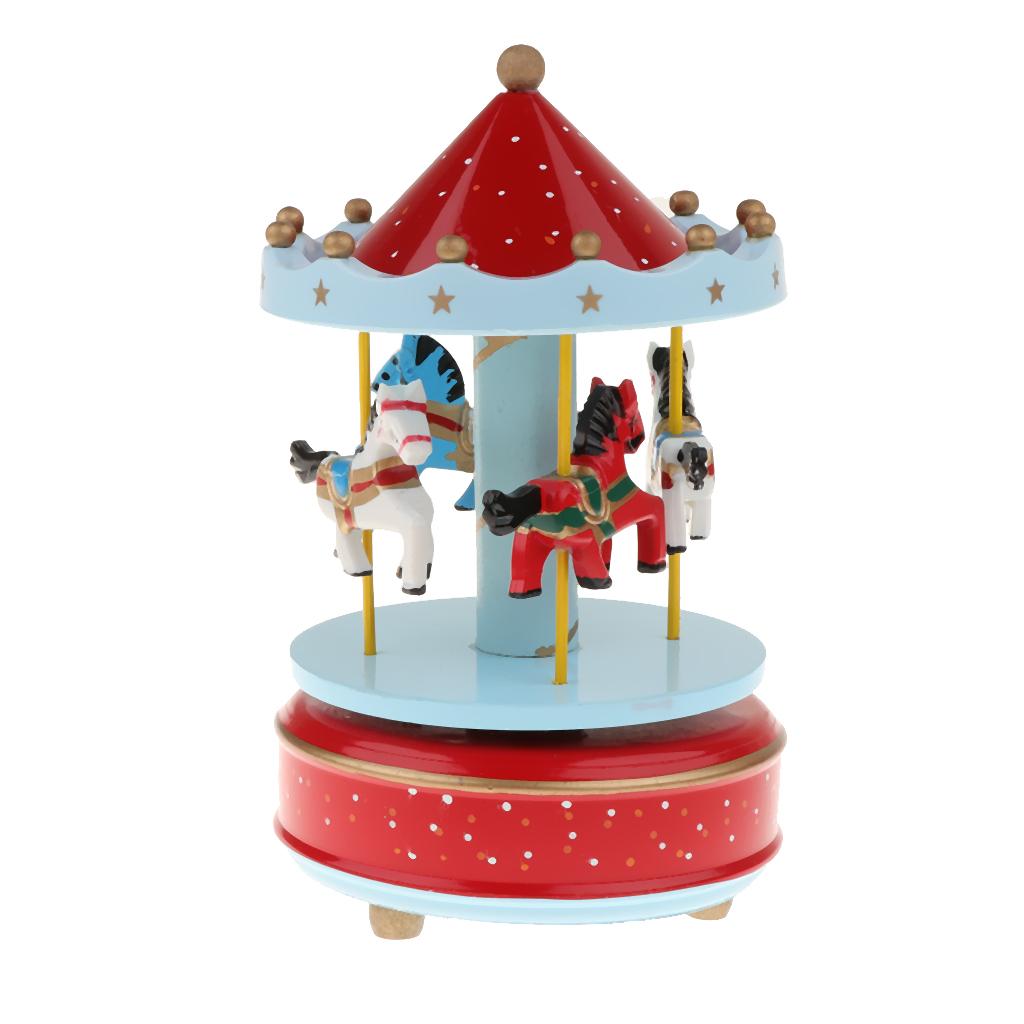 Bonita caja Musical de madera con carrusel giratorio con caballos pequeños, caja de música de cuerda para niños, adorables-Rosa/azul/rojo: Red with Dot