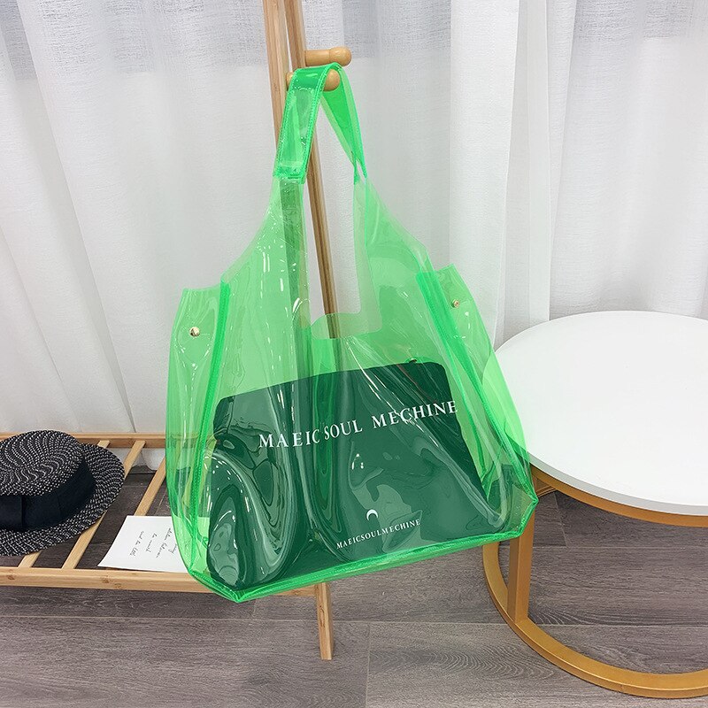 2019 Novo Saco Mulheres Bolsa de Ombro Grande Capacidade de saco de Praia PVC Transparente Geléia Bolsa Doces Casuais Tote Weekender Viagem Duffel Bag: green