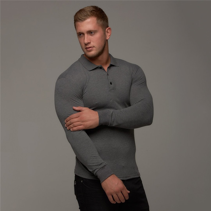 Vår høst poloskjorte herre bomull slank passe polo menn vanlig treningsstudio Fitness pustende virksomhet langermet poloskjorte